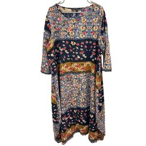 Zanzea 5X Floral Patchwork Cotton Cocoon Midi Dress Boho Lagenlook Blue Gold Red